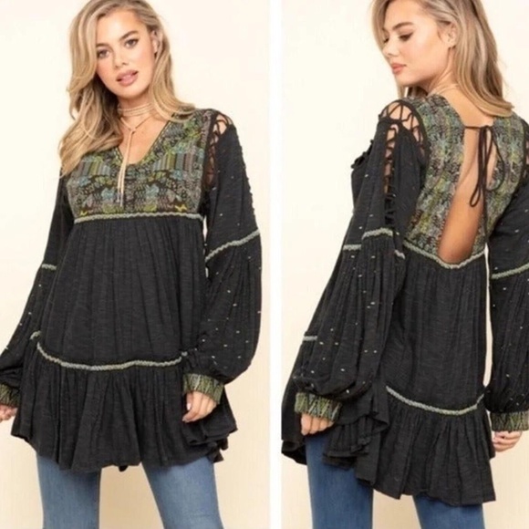 New Free People Much Love Embroidered Long Sleeve Tunic Top Washed Black Size XS - Picture 2 of 16
